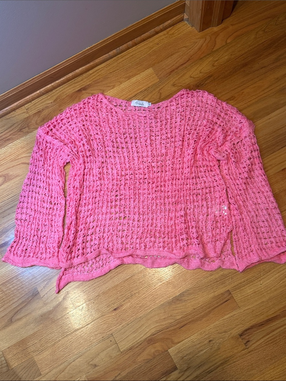Miracle Large Open-Knit Flared Sleeve Sweater in Bright Pink